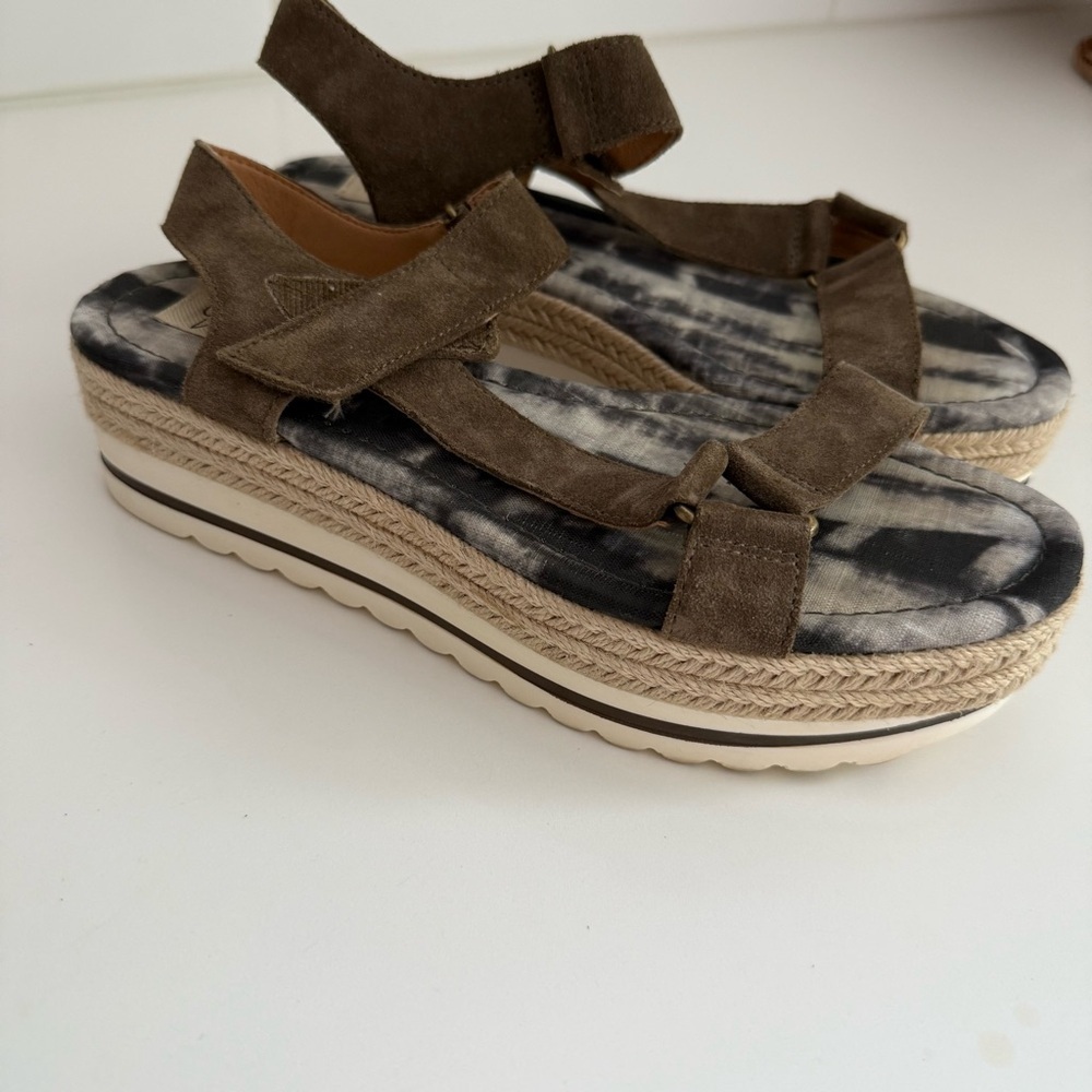 Crown Vintage Womens Suede Platform Espadrille Sandals Olive Green Sz 7.5M Boho